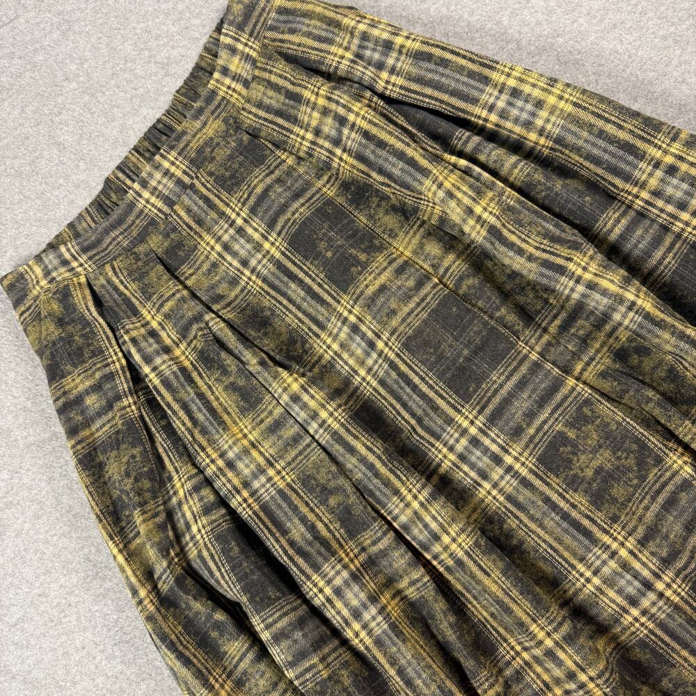 NWT Promesa Plaid Pleated Maxi Skirt Yellow Charcoal Grey Raw Hem Cotton SMALL